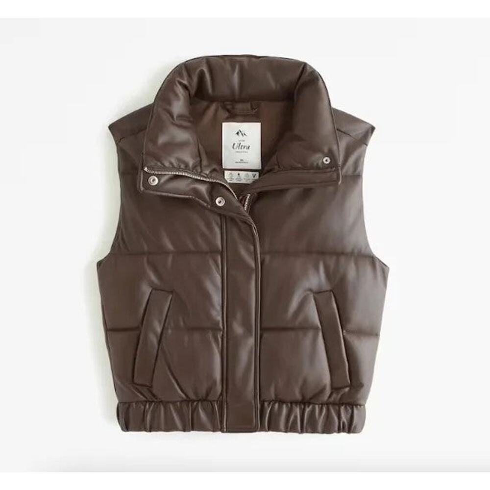Abercrombie & Fitch Dark Brown Puffer Vest, Faux Leather - M